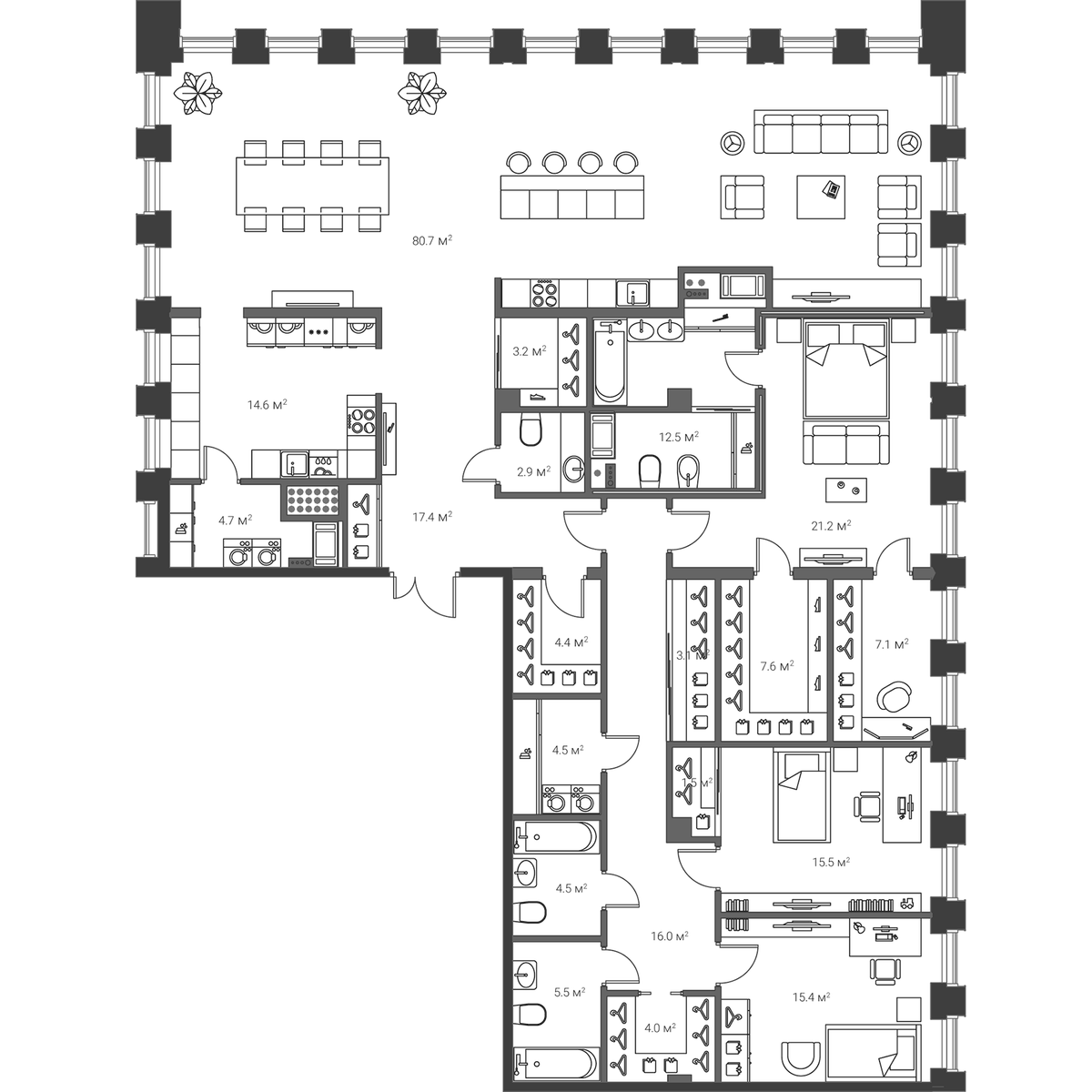 Планировка евро-4 (4Е) 246.3 м² в ЖК «Институтский, 16», корпус 1