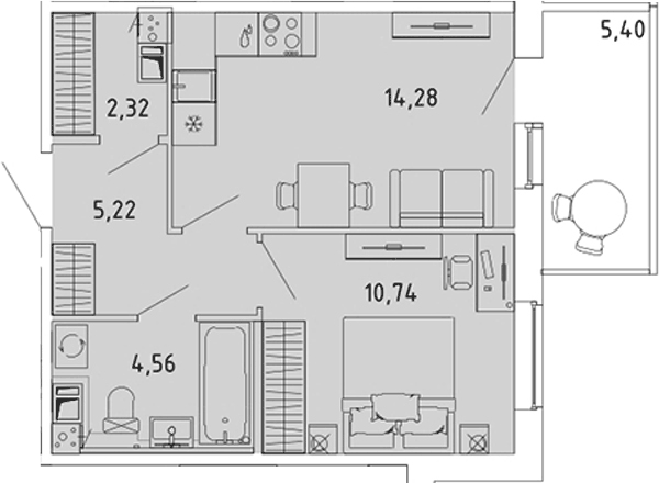 Планировка однокомнатная 38.74 м² в ЖК «Ю Гатчина», корпус 6