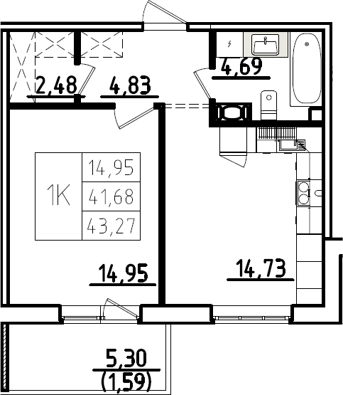 Планировка однокомнатная 43.27 м² в ЖК «Ю Гатчина», корпус 3