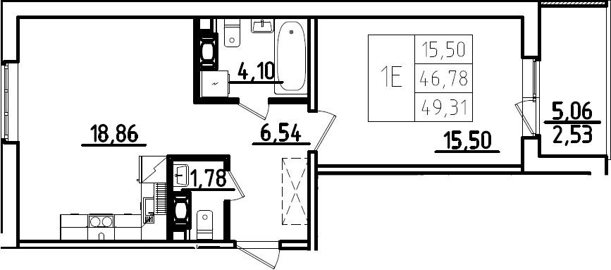 Планировка евродвушка (2Е) 49.31 м² в ЖК «Ю Гатчина», корпус 3