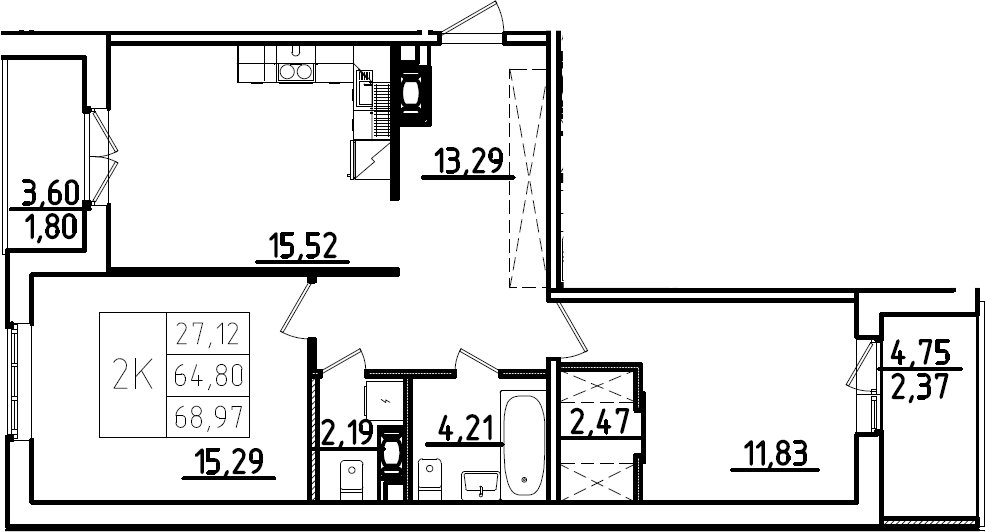 Планировка евротрёшка (3Е) 68.97 м² в ЖК «Ю Гатчина», корпус 2