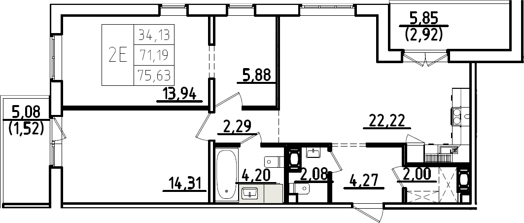 Планировка евротрёшка (3Е) 75.63 м² в ЖК «Ю Гатчина», корпус 3