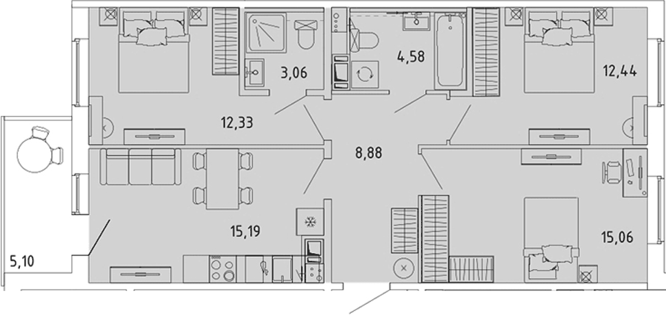 Планировка евро-4 (4Е) 74.09 м² в ЖК «Ю Гатчина», корпус 6
