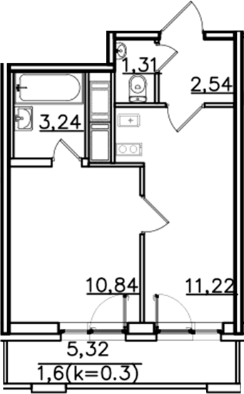 Планировка однокомнатная 30.75 м² в ЖК «ИСКРА-Сити», корпус 1