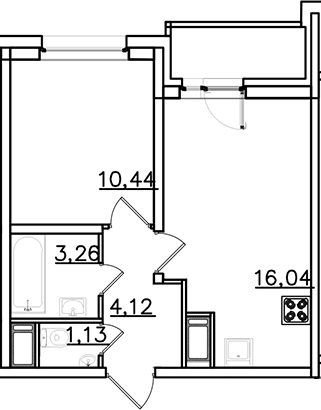 Планировка евродвушка (2Е) 36.57 м² в ЖК «ИСКРА-Сити», корпус 1