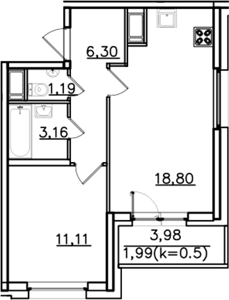 Планировка евродвушка (2Е) 42.55 м² в ЖК «ИСКРА-Сити», корпус 1