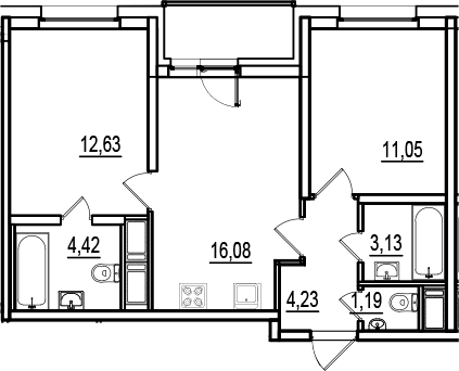 Планировка евротрёшка (3Е) 54.45 м² в ЖК «ИСКРА-Сити», корпус 1