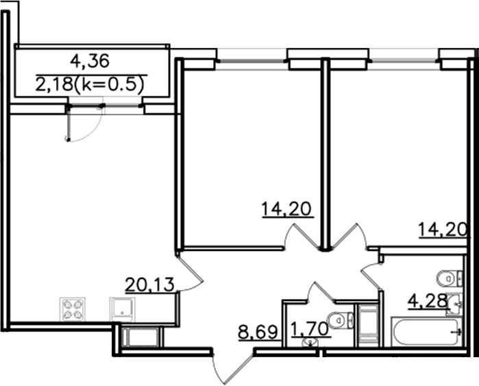 Планировка евротрёшка (3Е) 65.38 м² в ЖК «ИСКРА-Сити», корпус 1