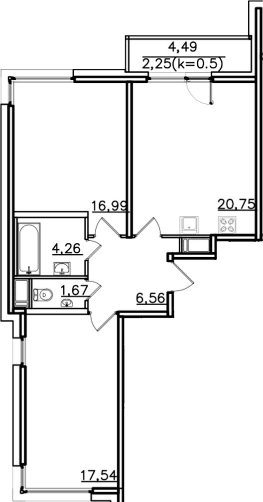 Планировка евротрёшка (3Е) 70.02 м² в ЖК «ИСКРА-Сити», корпус 1