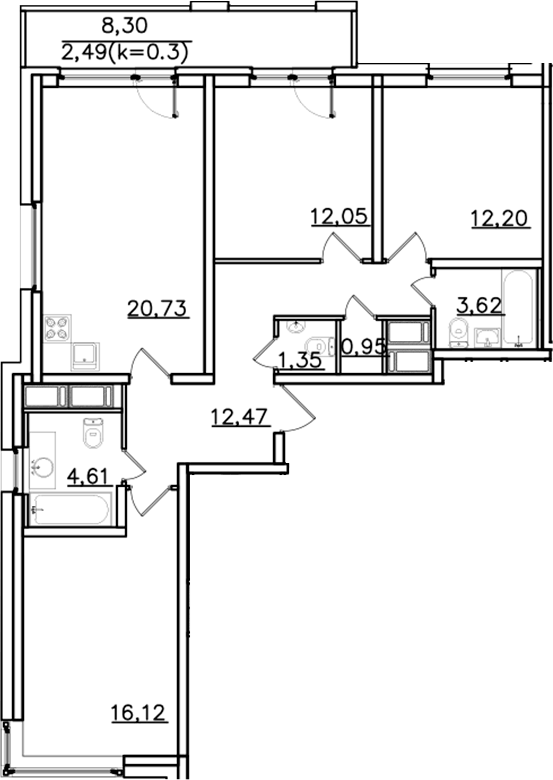 Планировка евро-4 (4Е) 86.59 м² в ЖК «ИСКРА-Сити», корпус 1
