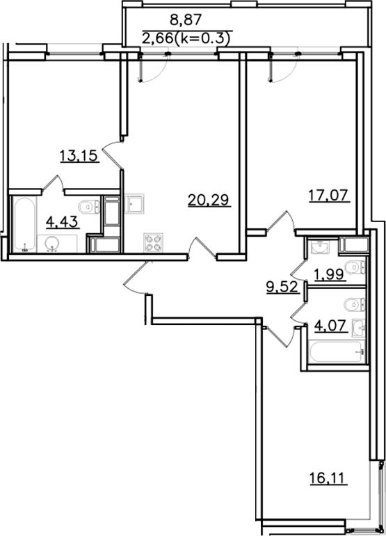 Планировка евро-4 (4Е) 89.29 м² в ЖК «ИСКРА-Сити», корпус 1