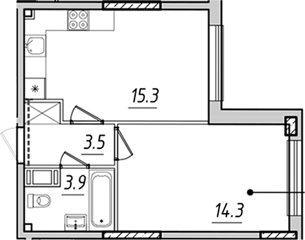 Планировка евродвушка (2Е) 37 м² в ЖК «Измайловский», корпус 1