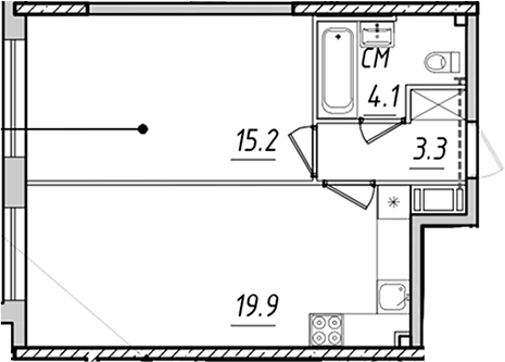 Планировка евродвушка (2Е) 42.5 м² в ЖК «Измайловский», корпус 1