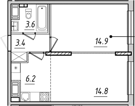 Планировка евродвушка (2Е) 42.9 м² в ЖК «Измайловский», корпус 1