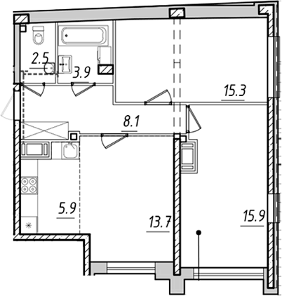 Планировка евротрёшка (3Е) 65.3 м² в ЖК «Измайловский», корпус 1