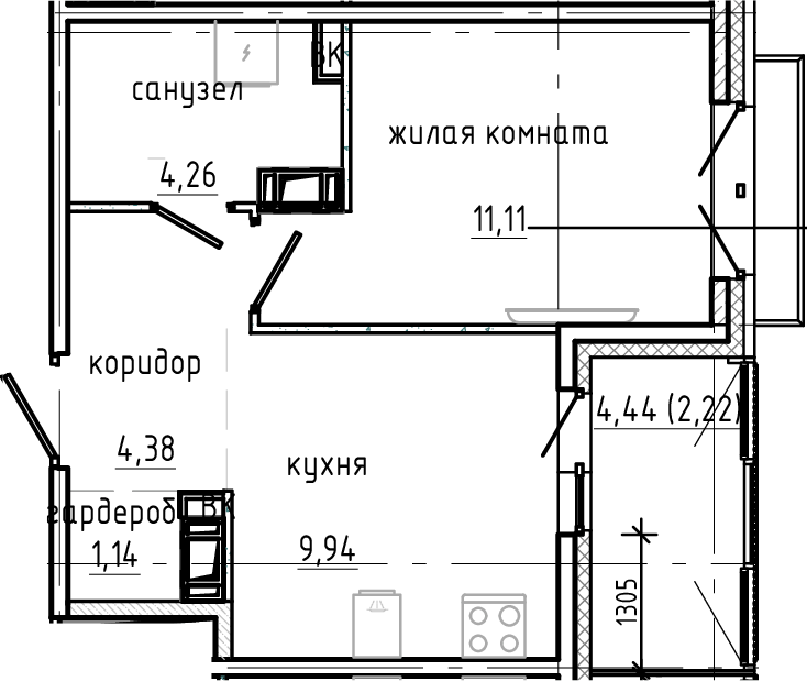Планировка однокомнатная 33.05 м² в ЖК «Янила Драйв», корпус 1