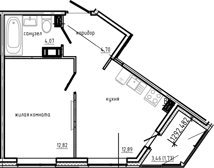 Планировка однокомнатная 36.21 м² в ЖК «Янила Драйв», корпус 4