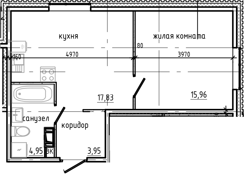 Планировка однокомнатная 42.69 м² в ЖК «Янила Драйв», корпус 5