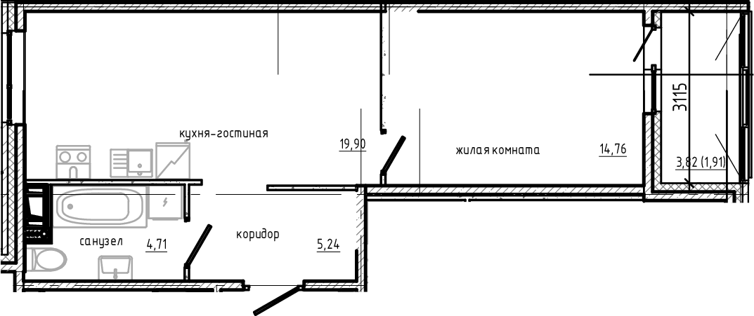 Планировка евродвушка (2Е) 46.52 м² в ЖК «Янила Драйв», корпус 3