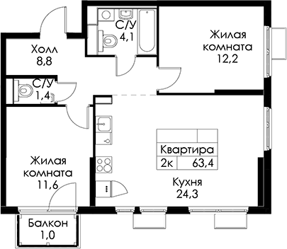 Планировка двухкомнатная 63.3 м² в ЖК «Кантемировская 11», корпус 5