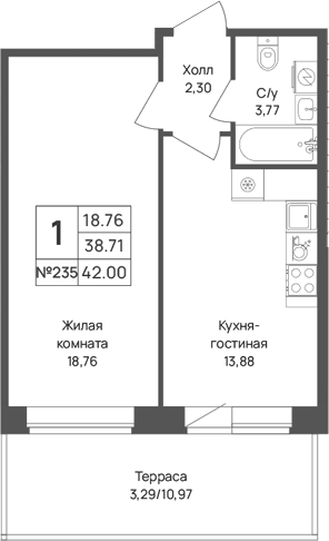 Планировка однокомнатная 42 м² в ЖК «Капральский берег», корпус 7