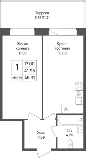 Планировка евродвушка (2Е) 45.31 м² в ЖК «Капральский берег», корпус 8