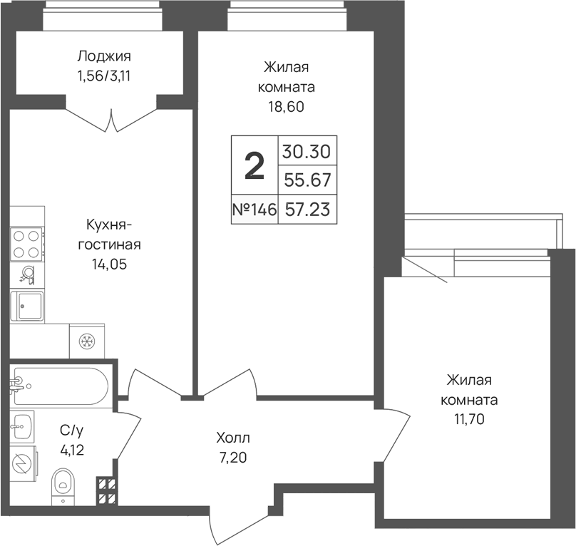 Планировка евротрёшка (3Е) 57.23 м² в ЖК «Капральский берег», корпус 4