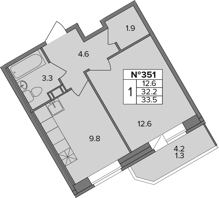 Планировка однокомнатная 33.5 м² в ЖК «Капральский», корпус 1