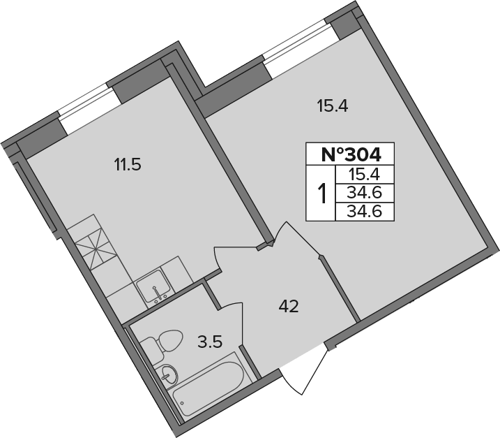 Планировка однокомнатная 34.6 м² в ЖК «Капральский», корпус 1