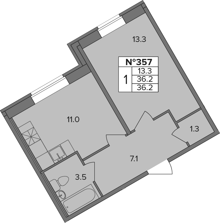 Планировка однокомнатная 36.2 м² в ЖК «Капральский», корпус 1