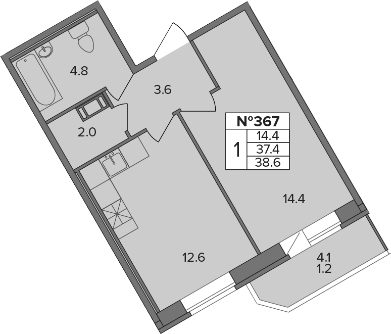 Планировка однокомнатная 38.6 м² в ЖК «Капральский», корпус 1