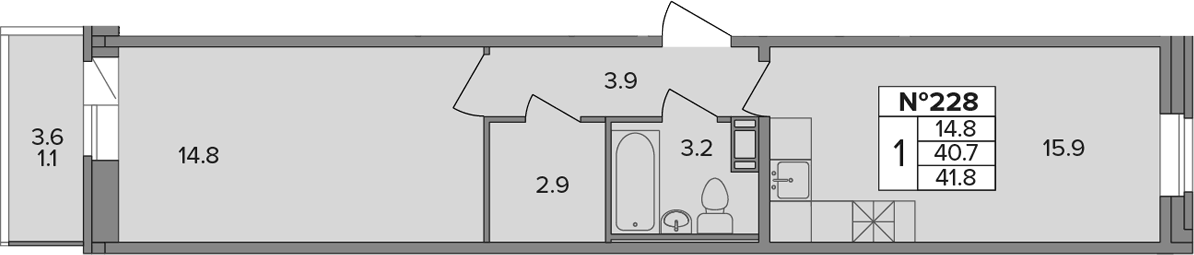 Планировка однокомнатная 41.8 м² в ЖК «Капральский», корпус 1