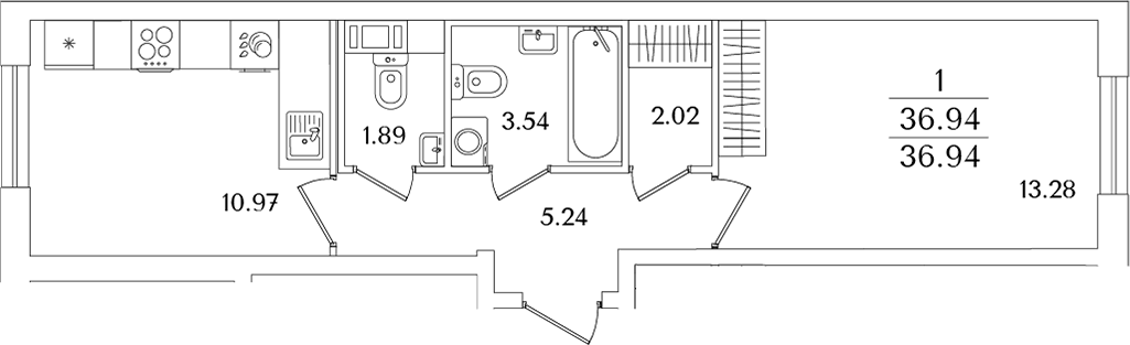 Планировка однокомнатная 36.94 м² в ЖК «Кинопарк», корпус 1