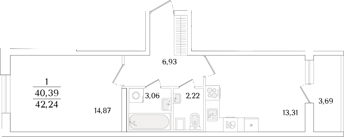 Планировка однокомнатная 42.24 м² в ЖК «Кинопарк», корпус 1