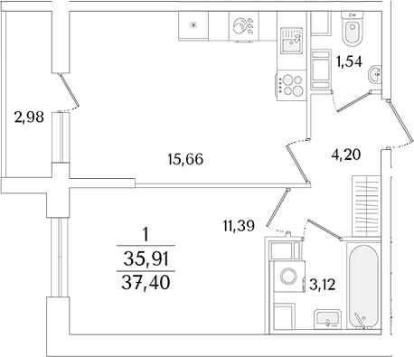 Планировка евродвушка (2Е) 37.4 м² в ЖК «Кинопарк», корпус 1