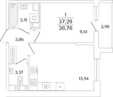 Планировка евродвушка (2Е) 38.78 м² в ЖК «Кинопарк», корпус 1