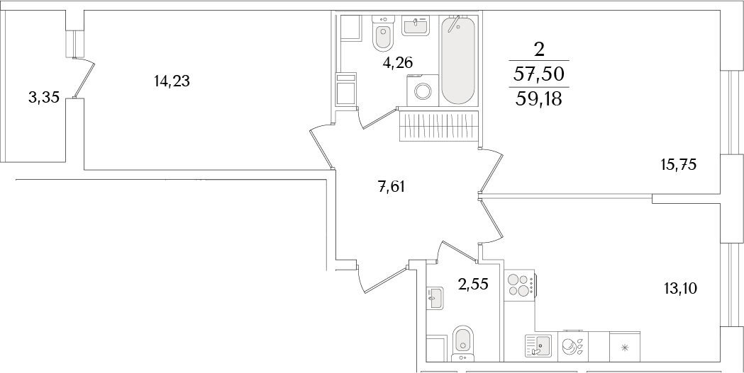 Планировка двухкомнатная 59.18 м² в ЖК «Кинопарк», корпус 2