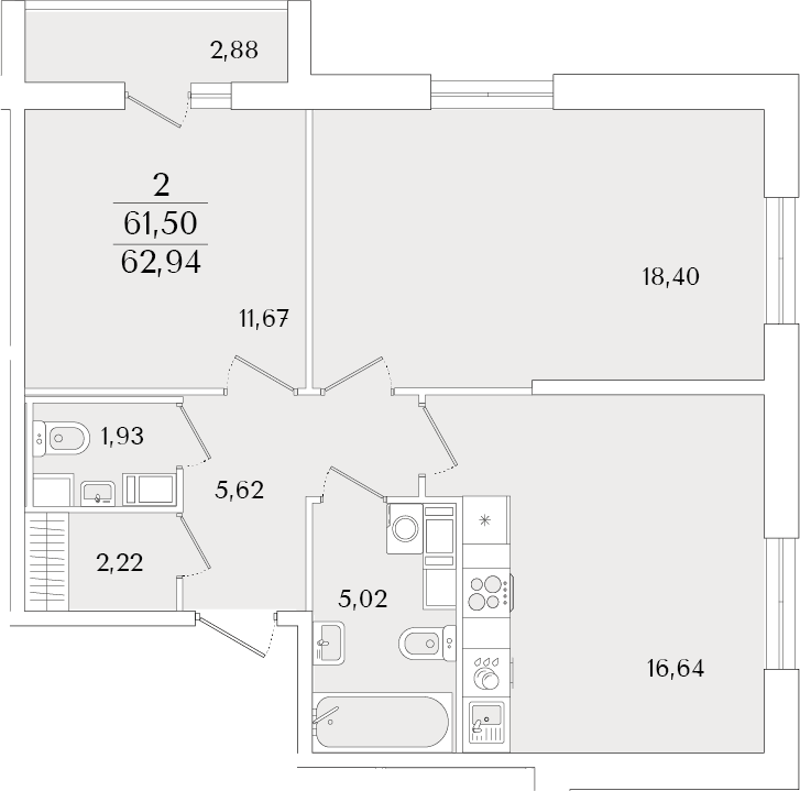 Планировка евротрёшка (3Е) 62.94 м² в ЖК «Кинопарк», корпус 2