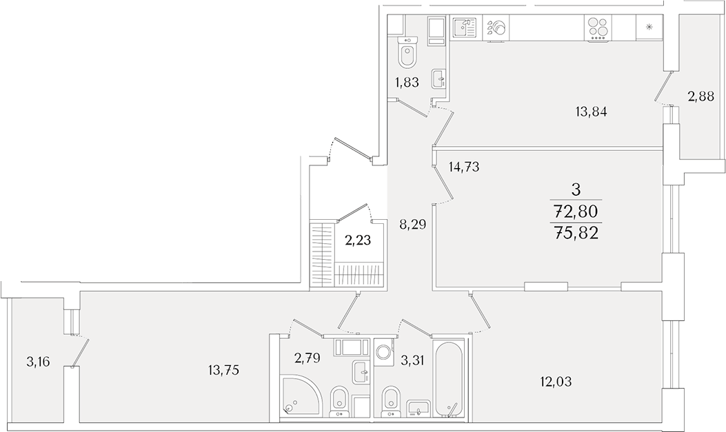Планировка трёхкомнатная 75.82 м² в ЖК «Кинопарк», корпус 2