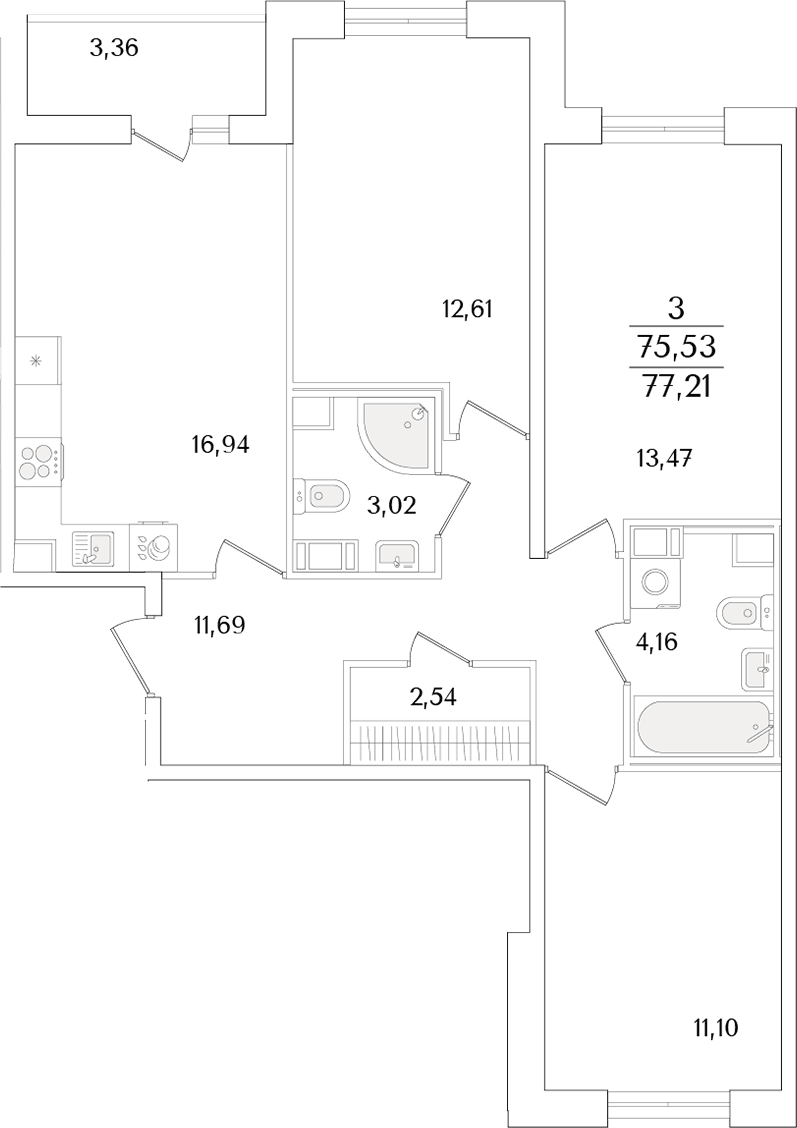 Планировка евро-4 (4Е) 77.21 м² в ЖК «Кинопарк», корпус 2