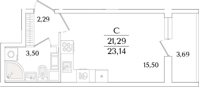 Планировка Студии 23.14 м² в ЖК «Кинопарк», корпус 1