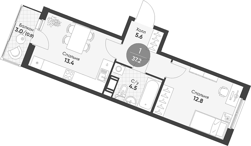 Планировка однокомнатная 37.2 м² в ЖК «Клюква.Парк», корпус 1