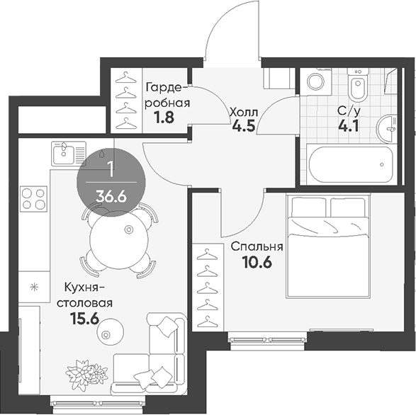 Планировка евродвушка (2Е) 36.6 м² в ЖК «Клюква.Парк», корпус 1