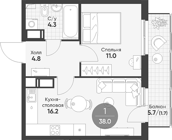 Планировка евродвушка (2Е) 38 м² в ЖК «Клюква.Парк», корпус 1