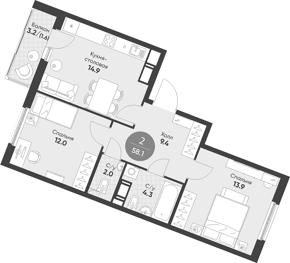 Планировка двухкомнатная 58.1 м² в ЖК «Клюква.Парк», корпус 1