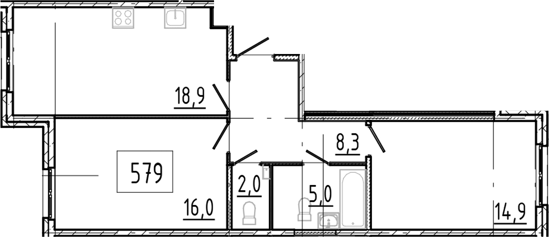 Планировка евротрёшка (3Е) 65.1 м² в ЖК «Клюква.Парк», корпус 1