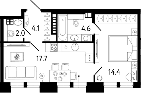 Планировка евродвушка (2Е) 42.8 м² в ЖК «Коллекционер», корпус 1