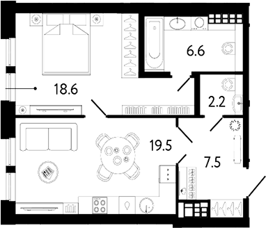Планировка евродвушка (2Е) 54.4 м² в ЖК «Коллекционер», корпус 1