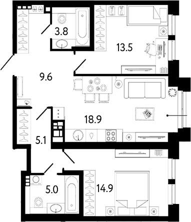 Планировка евротрёшка (3Е) 70.8 м² в ЖК «Коллекционер», корпус 1