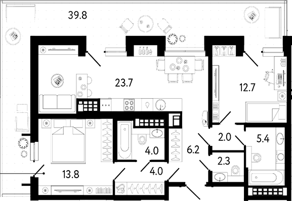 Планировка евротрёшка (3Е) 94 м² в ЖК «Коллекционер», корпус 1